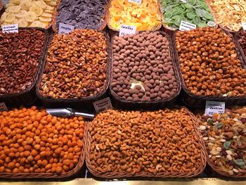 High angle view of spices in baskets for sale at market stall