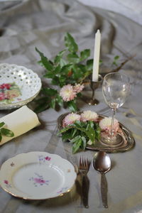 High angle view of wine glasses on table