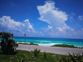 Scenic view of beach against blue sky