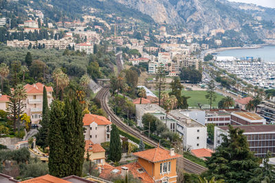 High angle view of buildings in city