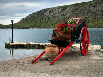 Old horse car by sea against sky