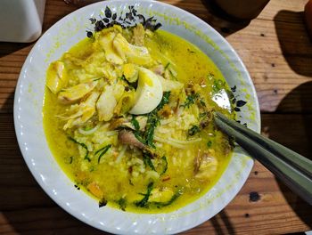 High angle view of noodles in bowl on table