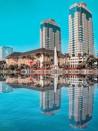 Reflection of buildings in puddle