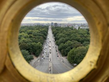 High angle view of road and cityscape against sky