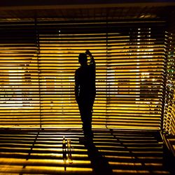 Rear view of silhouette man looking through window blinds