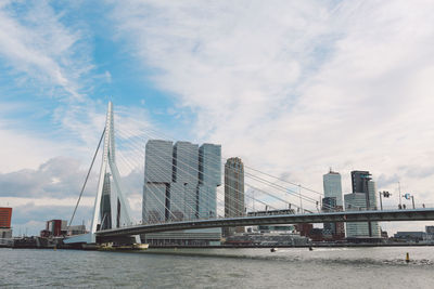 Erasmusbrug over river by modern buildings against cloudy sky