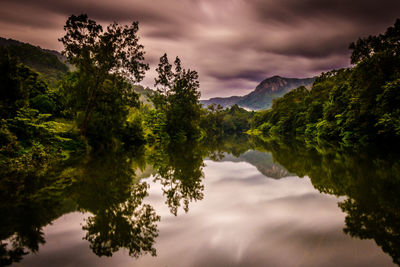 Scenic view of lake against cloudy sky