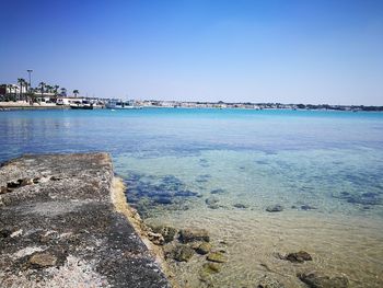 Scenic view of sea against clear blue sky