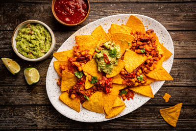 High angle view of food in plate on table