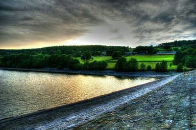 Scenic view of lake against cloudy sky