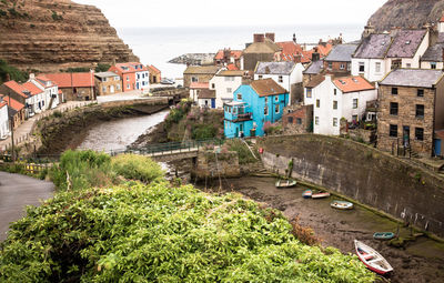 High angle view of buildings in town