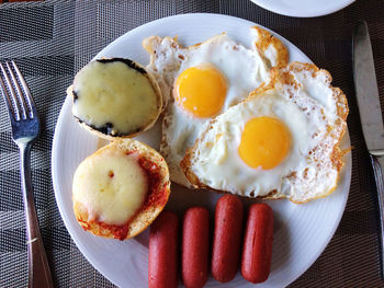 High angle view of breakfast served on table