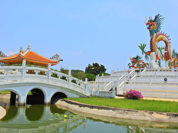 Statue by water against clear sky