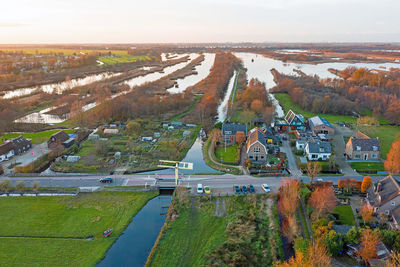 Aerial from ankeveen and the ankeveense plassen in the netherlands at sunset