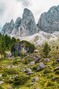 Panoramic view of the odle mountain peaks, italy. adolf munkel way.