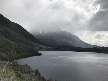 Scenic view of lake and mountains against sky