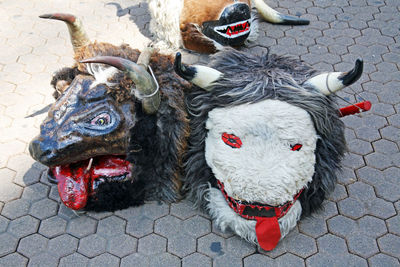 High angle view of demon masks on footpath