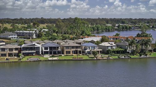 Buildings by lake