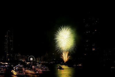 Firework display over river against sky at night