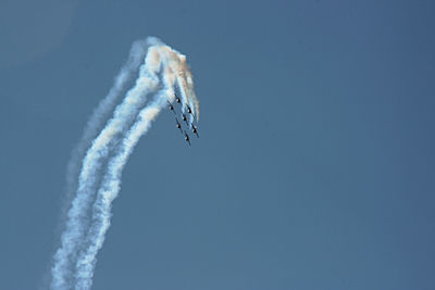 Low angle view of airplanes flying against clear sky