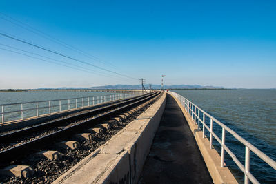 Railway bridge over calm sea against clear sky