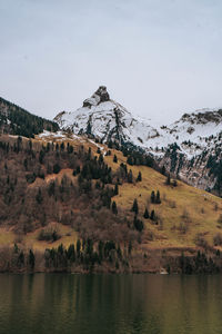 Scenic view of lake and mountains against sky