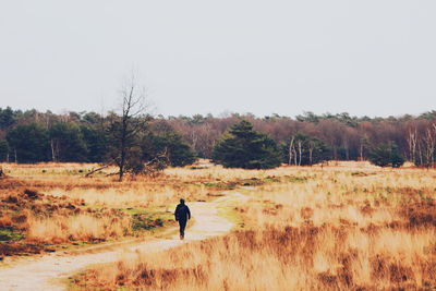 Rear view of man walking on field against sky