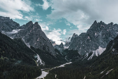 Panoramic view of the sesto dolomites . drone photography.