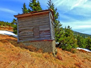 Abandoned barn on field against sky