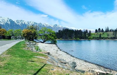 Scenic view of lake by trees against sky