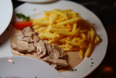 Close-up of noodles served in plate