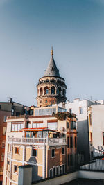 View of buildings in city against clear sky