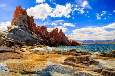 Scenic view of sea and rock formations against sky