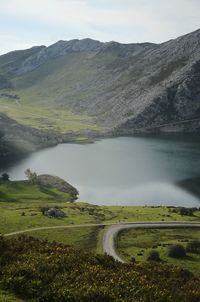 Scenic view of lake by field against sky