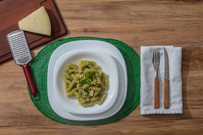 High angle view of food in plate on table