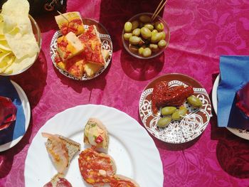 High angle view of meal served on table