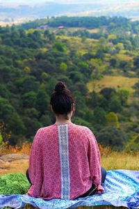 Rear view of woman sitting on field against trees