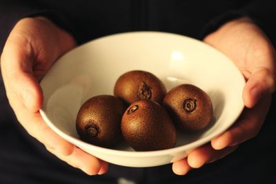 Close-up of hand holding bowl with kiwifruit 