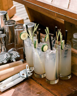 High angle view of drink in glass on table