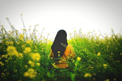 Woman with yellow flowers on field against sky