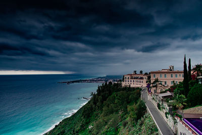 Aerial view of mediterranean sea and nature in taormina sicily during spring