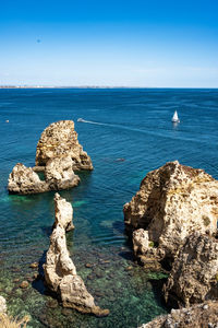 Scenic view of rocks in sea against blue sky