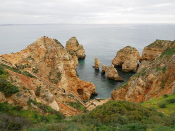 Scenic view of rocks in sea against sky