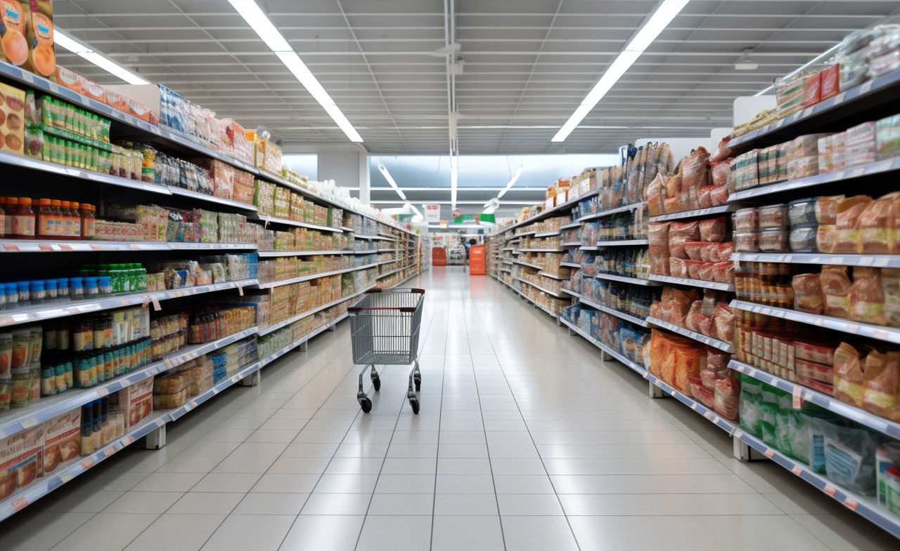 supermarket, retail, shelf, building, store, aisle, indoors, shopping, abundance, large group of objects, consumerism, variation, groceries, order, customer, shopping cart, adult, diminishing perspective, grocery store, food and drink, business, market, in a row, one person, food, architecture, decisions