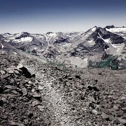 Scenic view of mountains against clear sky during winter