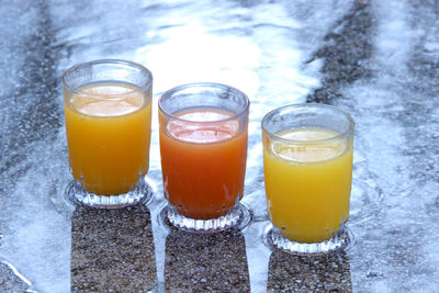 High angle view of various juice glasses on granite counter