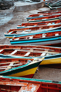 High angle view of multi colored moored boats