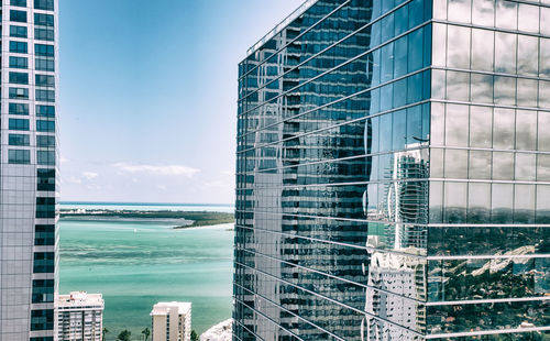 Modern buildings by sea against sky seen through glass window