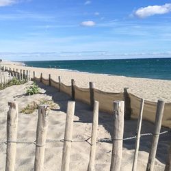 Wooden posts on beach against sky