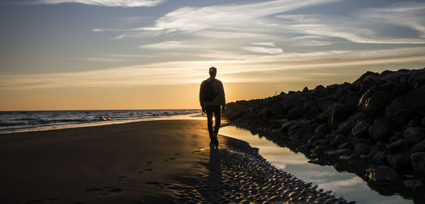 Rear view of man standing at beach during sunset